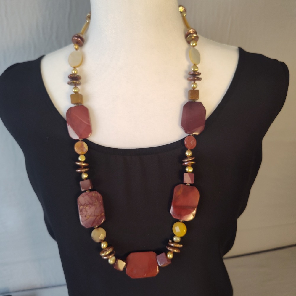 Jasper Mother of Pearl Freshwater Pearl Chunky Statement Necklace Earthy 30 Inch